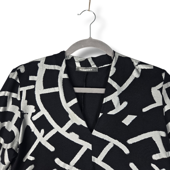 Alembika Knit V-neck Top Black Silver Metallic Hypnotic Print 3/4 Sleeve 2 / M - Picture 5 of 16